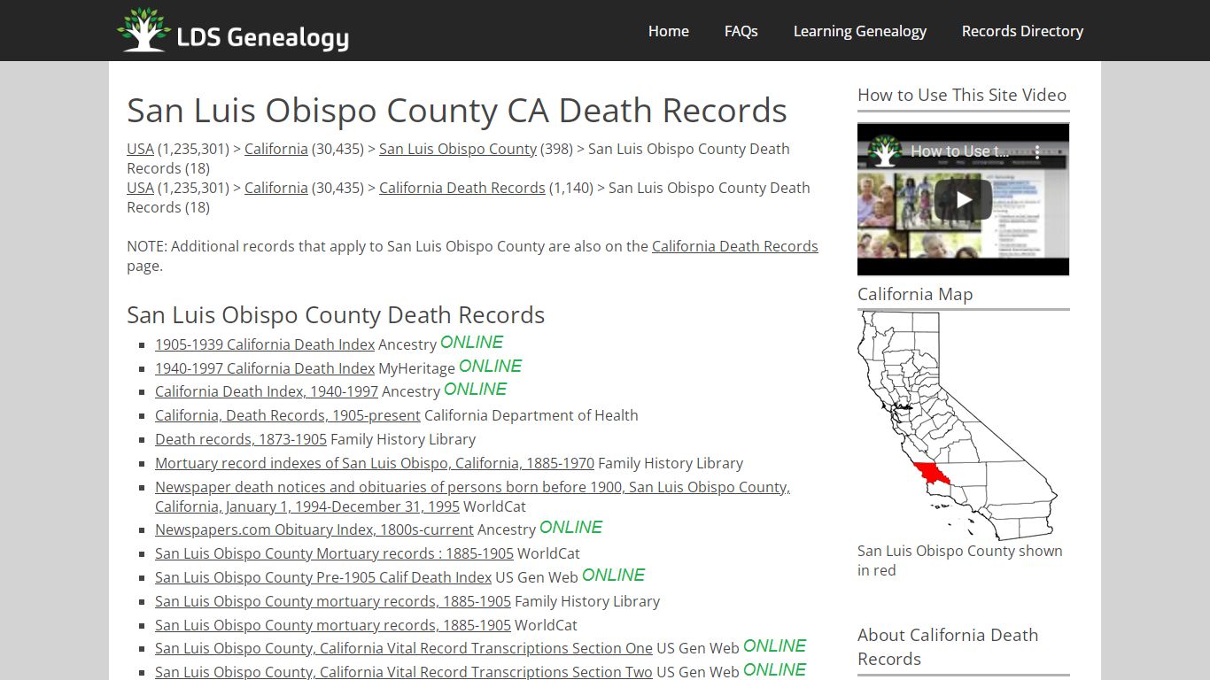 San Luis Obispo County CA Death Records