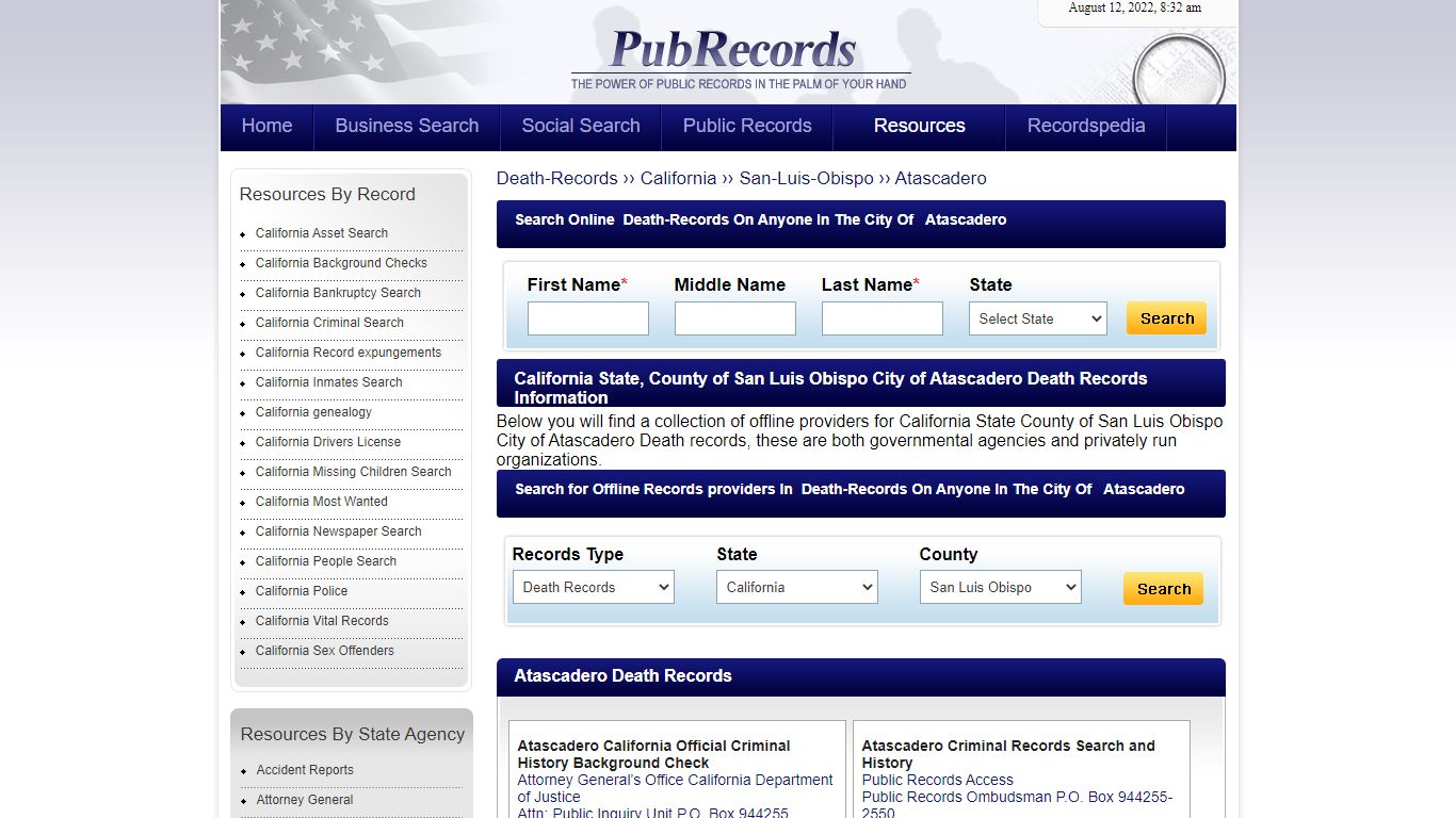 Atascadero, San Luis Obispo County, California Death Records